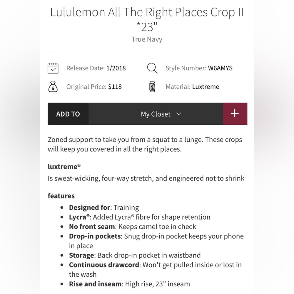 Lululemon Navy All the Right Places Crop Leggings 23” Size 8 - Picture 3 of 7